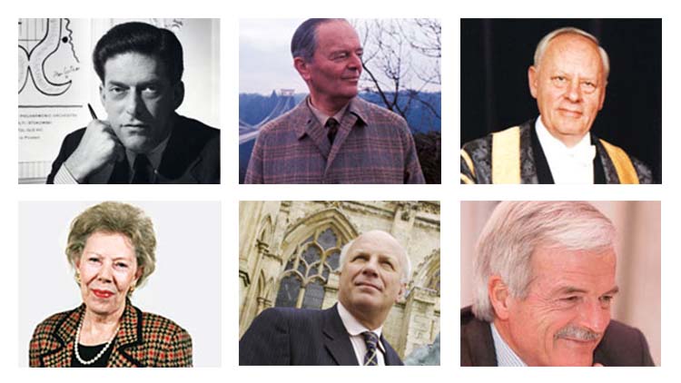 Photos of the five previous Chancellors, and the current Chancellor. Top row, left to right, George Lascelles, 7th Earl of Harewood, Lord Kenneth Clark, Lord Michael Swann. Bottom row, left to right, Dame Janet Baker, Greg Dyke, Sir Malcolm Grant